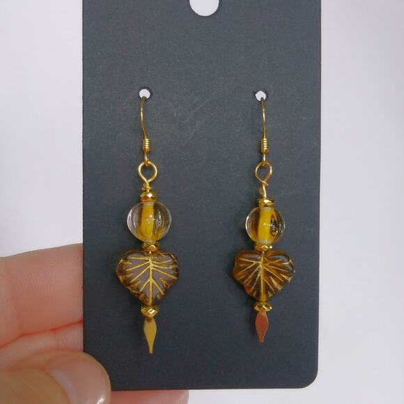 Czech Glass Earrings Artisan Made Vintage Beaded Dangle Brown Golden Accents NEW - Picture 4 of 10